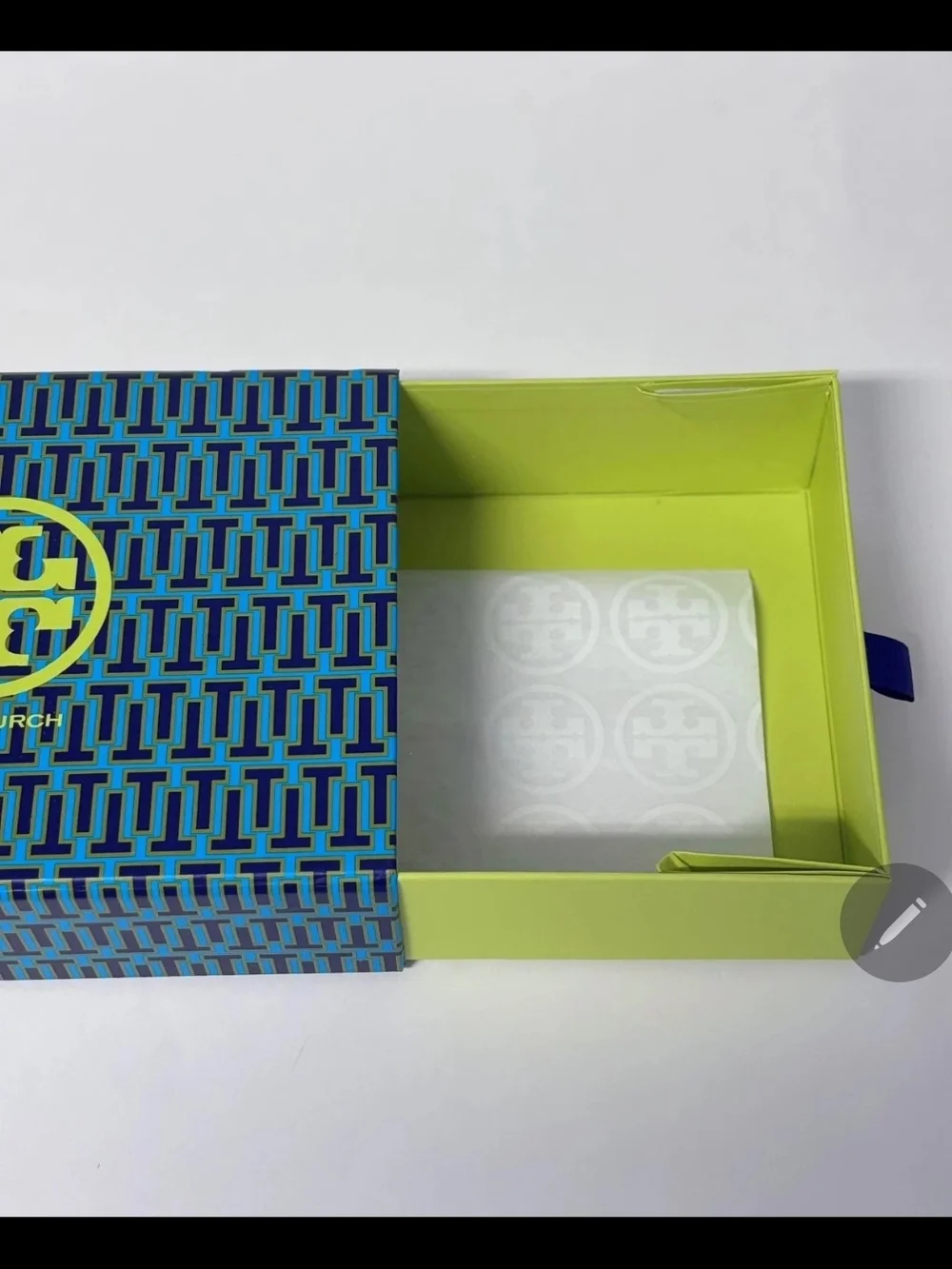 Tory Burch Blue Patterned Storage Box with Lime Drawer and Navy Pull